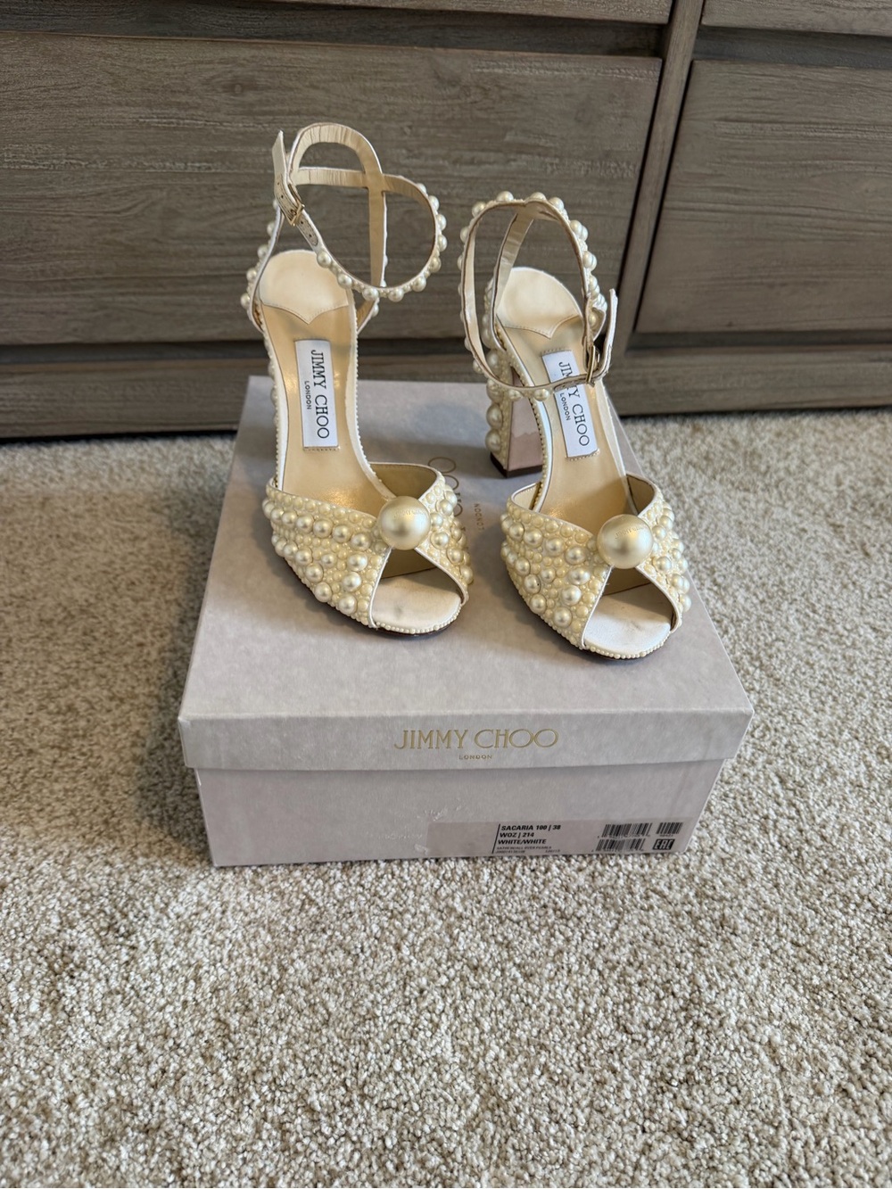 Jimmy Choo Pearl-Embellished Cream Block Heel Sandals - Picture 2 of 13